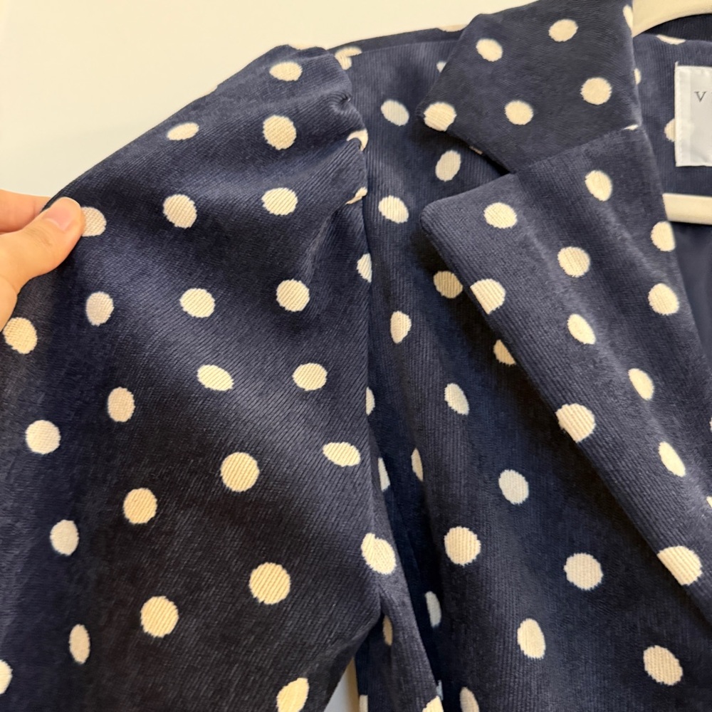 White and Blue Polka Dot Blazer with Puff Sleeves - Picture 12 of 14